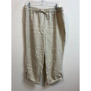 Ellen Tracy Sz L Beige 100% Linen Pants Roll Cuff Gold Buckle